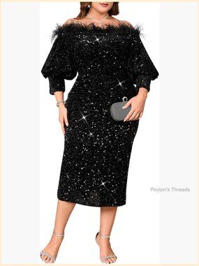 Sexy Sequin Off The Shoulder Puff 3/4 Sleeve Bodycon Midi Dress